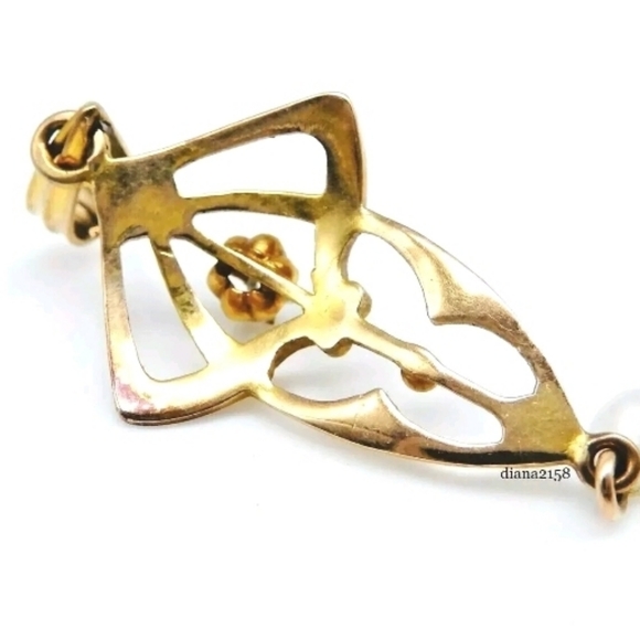 10K Solid Yellow Gold Nouveau Diamond Lavalier Seed Pearl Pendant - Picture 4 of 6